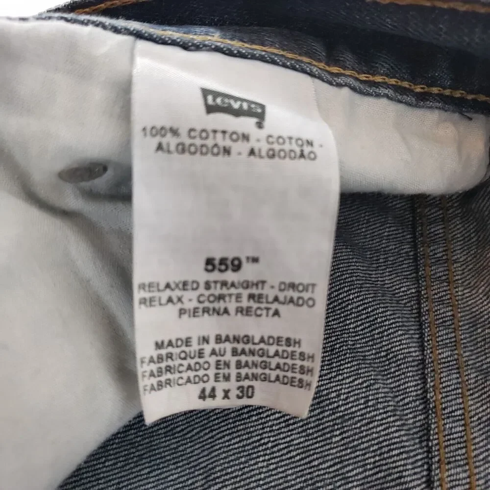 Levi's 559 SIZE 44x30 Relaxed Straight Fit Dark Wash Blue Denim Jeans Mens STAIN